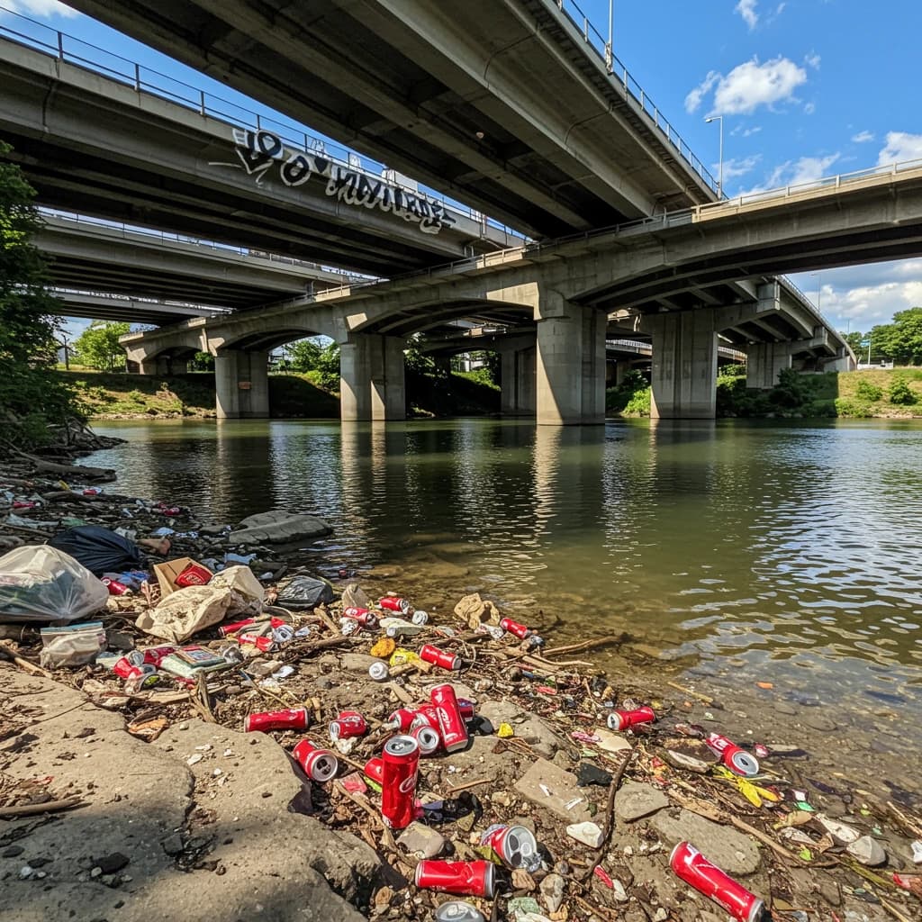Red soda cans and other garbage sit strewn across the bank of an urban river only a few metres wide. Concrete overpasses criss cross overhead on a bright and sunny day. Fading skywriting proposes marriage