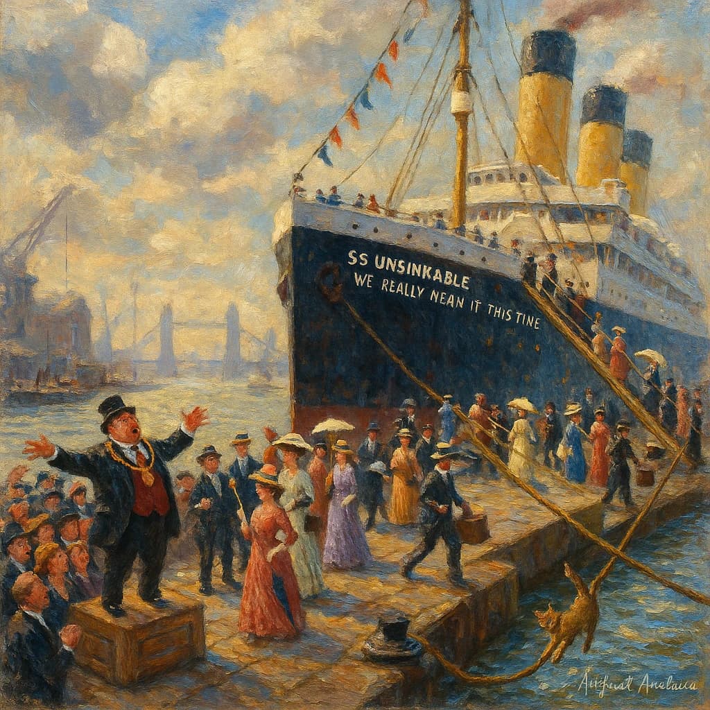 An impressionistic painting of the mighty steamer the "SS Unsinkable We Really Mean It This Time" on a cloudy but bright London morning about to set out on her maiden voyage. A jubilant crowd is gathered on the dock around the paunchy mayor who is making a speech, gesticulating wildly with his hands. The gangways are busy with well heeled ladies and gentlemen making their way onto the ship. A cheeky cat hangs over the water, clinging to the mooring rope after an ill-fated attempt to climb up. The artist has signed his name "Artificial Analysis" in the bottom corner