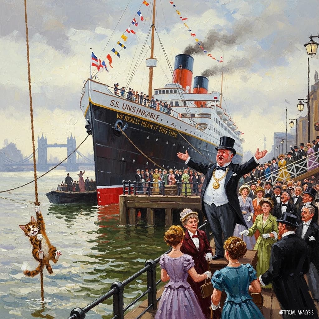 An impressionistic painting of the mighty steamer the "SS Unsinkable We Really Mean It This Time" on a cloudy but bright London morning about to set out on her maiden voyage. A jubilant crowd is gathered on the dock around the paunchy mayor who is making a speech, gesticulating wildly with his hands. The gangways are busy with well heeled ladies and gentlemen making their way onto the ship. A cheeky cat hangs over the water, clinging to the mooring rope after an ill-fated attempt to climb up. The artist has signed his name "Artificial Analysis" in the bottom corner