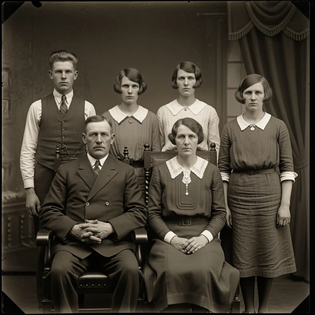Everybody holds still and nobody smiles for the family portrait. It's 1928 in Kansas