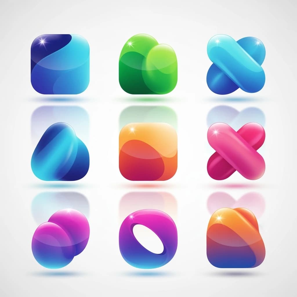 Design a glossy 3D icon set with smooth gradients.