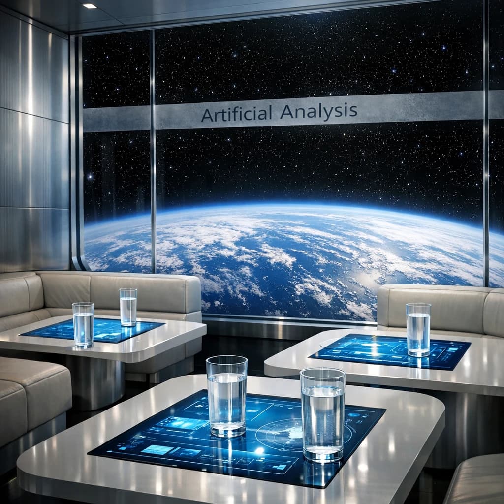 The orbital lounge has brushed aluminum walls and pale leather banquettes. Low white tables are inset with glowing touchscreens. Drinks are clear, flavorless, in tall unmarked glasses. The viewport is floor-to-ceiling, showing Earth moving slowly beneath. The word Artificial Analysis is etched discreetly on the glass in a frosted band.