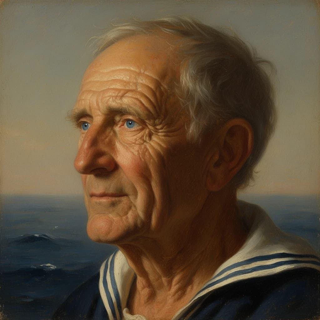 Oil on canvas portrait of an elderly sailor, weathered face, soft light.