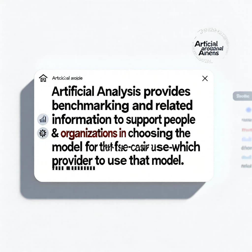 On a high-resolution dashboard mockup with a clean white background, display a centered text module in Helvetica Neue Regular, 18pt, black: “Artificial Analysis provides benchmarking and related information to support people & organizations in choosing the right model for their use-case and which provider to use for that model.” The text box is justified, but the final word wraps awkwardly onto its own line. To the left, a vertical navigation bar in light gray with three icons - home, chart, and settings - aligned evenly but casting misaligned shadows. In the upper right, the Artificial Analysis logo appears faintly, semi-transparent, watermarked over the corner of the interface.