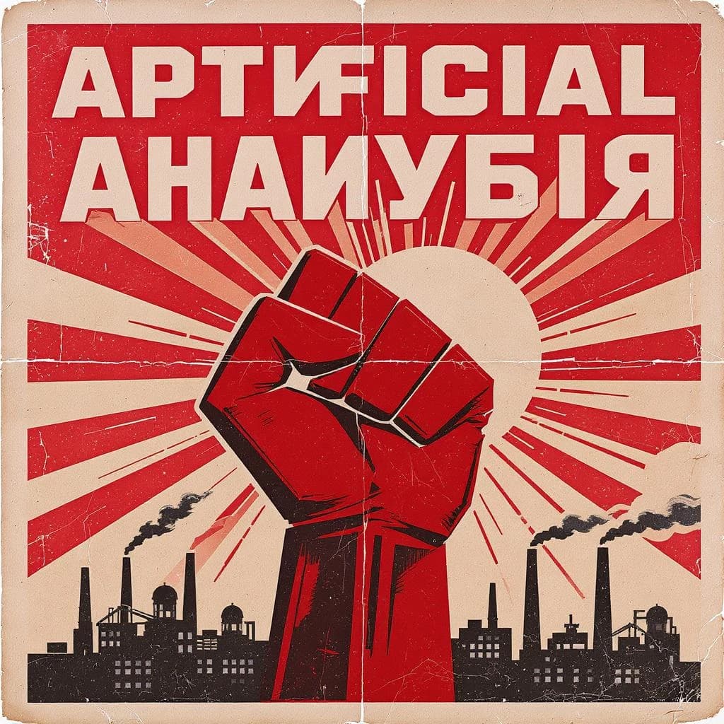 A propaganda poster in stark red, black, and beige. A clenched fist rises in the foreground, rendered with sharp geometric blocks. Behind it, radiating lines stretch upward toward a stylized sun. At the top, bold sans-serif lettering in Cyrillic-inspired type spells out Artificial Analysis, tilted at an angle for emphasis. A factory skyline silhouettes the bottom edge, smoke stacks rising into the background. The texture is rough, printed on aged paper with visible creases and ink bleed. Designed in the constructivist Soviet poster style.