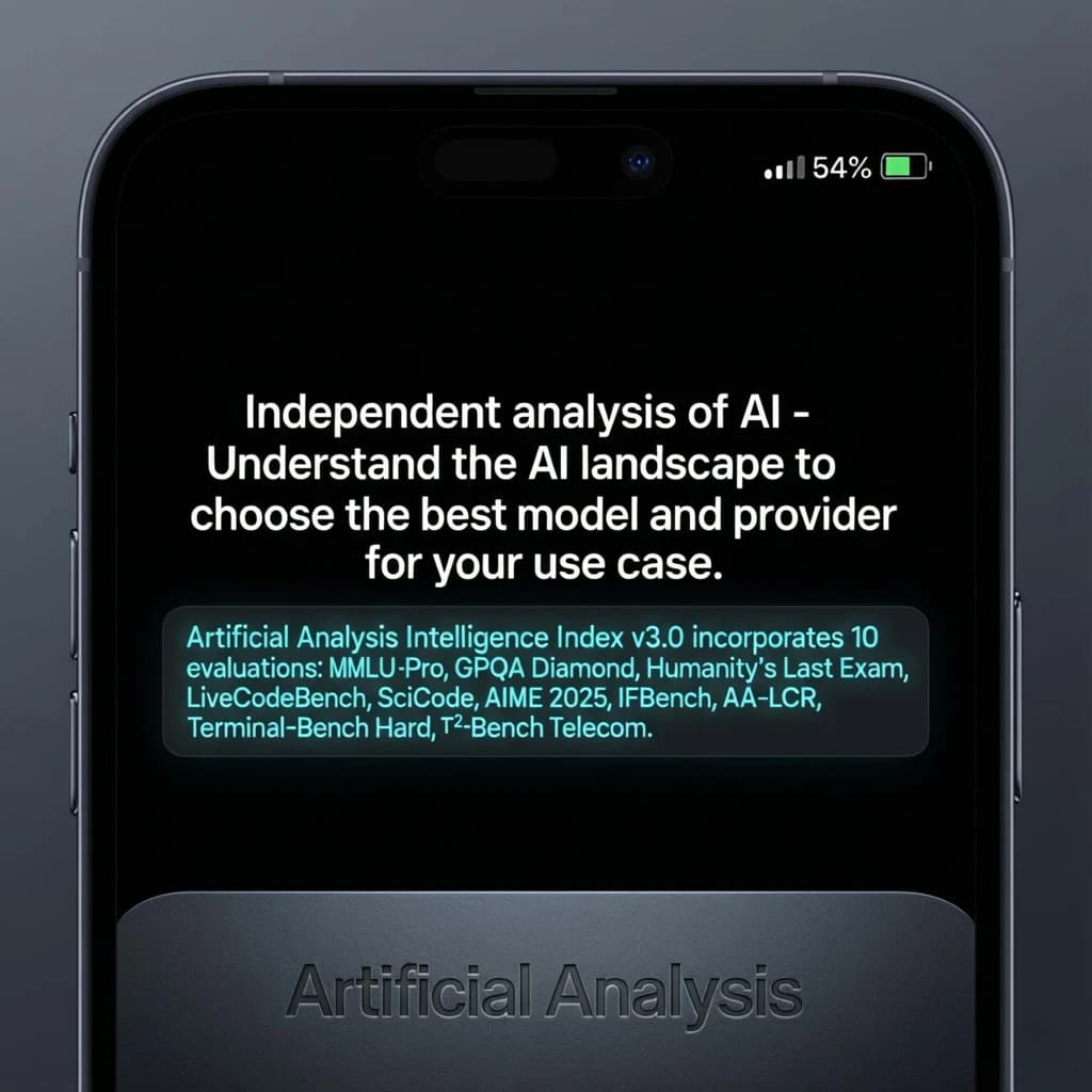 On a black smartphone UI with rounded corners, display a centered text block in white San Francisco font, 16pt: “Independent analysis of AI - Understand the AI landscape to choose the best model and provider for your use case.” Below, in neon cyan, monospace font, smaller size: “Artificial Analysis Intelligence Index v3.0 incorporates 10 evaluations: MMLU-Pro, GPQA Diamond, Humanity's Last Exam, LiveCodeBench, SciCode, AIME 2025, IFBench, AA-LCR, Terminal-Bench Hard, 𝜏²-Bench Telecom.” The second block scrolls horizontally as a ticker. The battery icon in the status bar shows 54%. The Artificial Analysis logo appears faintly, embossed into the bottom navigation bar.