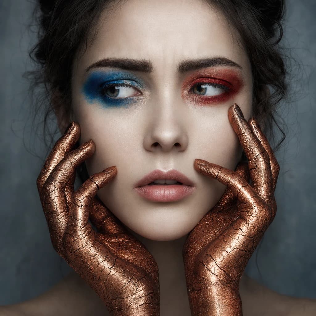 A striking close-up portrait of a woman with cracked metallic copper-painted hands framing her face. Her vivid blue and red eye makeup contrasts sharply with the smooth, pale skin and muted background, creating a bold, surreal composition. She displays an air of uncertainty about her