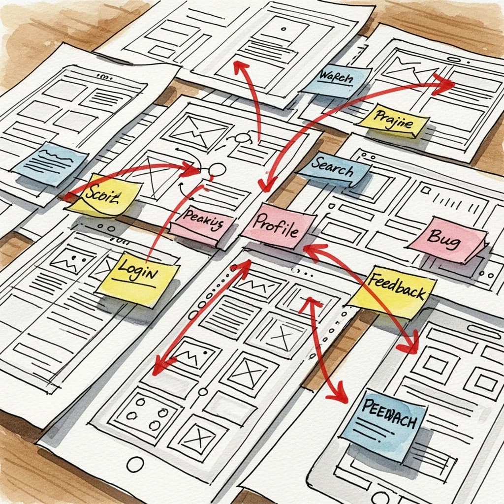 A rough watercolor of hand-drawn app wireframes, sticky notes, and red arrows.