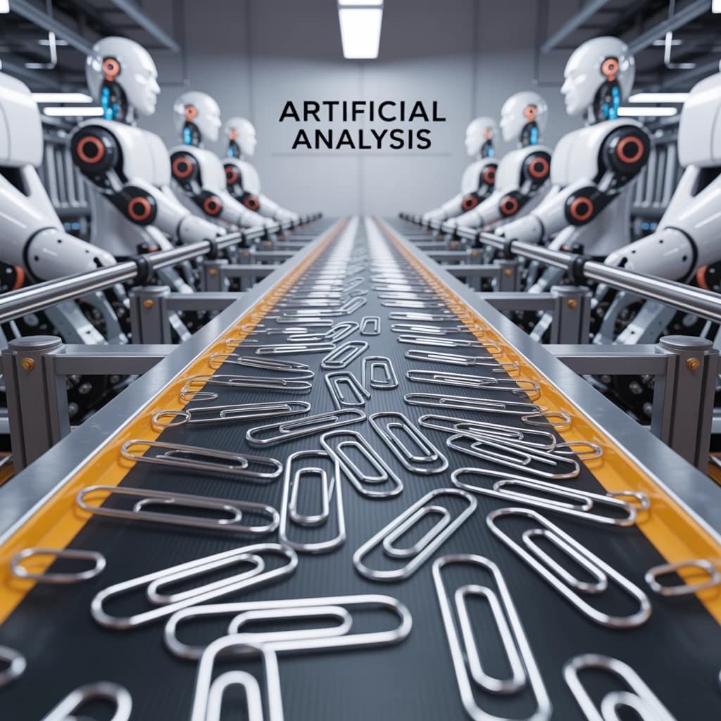 Close up point of view perspective on a conveyor belt pumping out paperclips at a maddening pace. The high tech factory has Artificial Analysis printed proudly on the wall. Robot staff look approvingly over the robust output.