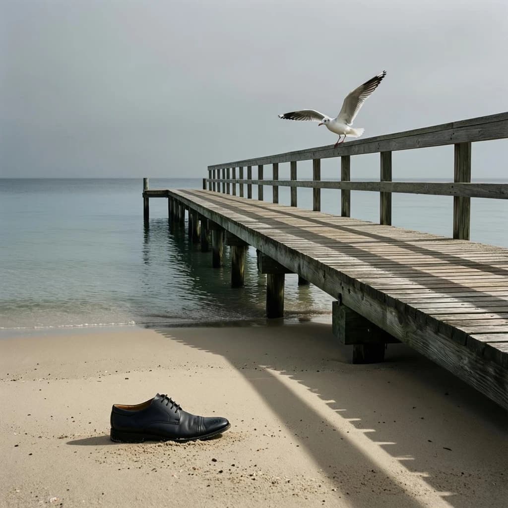 The beach is flat, sand beige, granular, no shells, except for a single left shoe, black leather, size eleven, half buried at an angle. The pier extends straight into the water, wood untreated, grain visible, though the support posts vanish before they touch the surface. The sky is uniformly gray, no clouds, yet shadows stretch at sharp diagonals. A single gull sits on the railing, wings outstretched, frozen mid-flap, no movement.