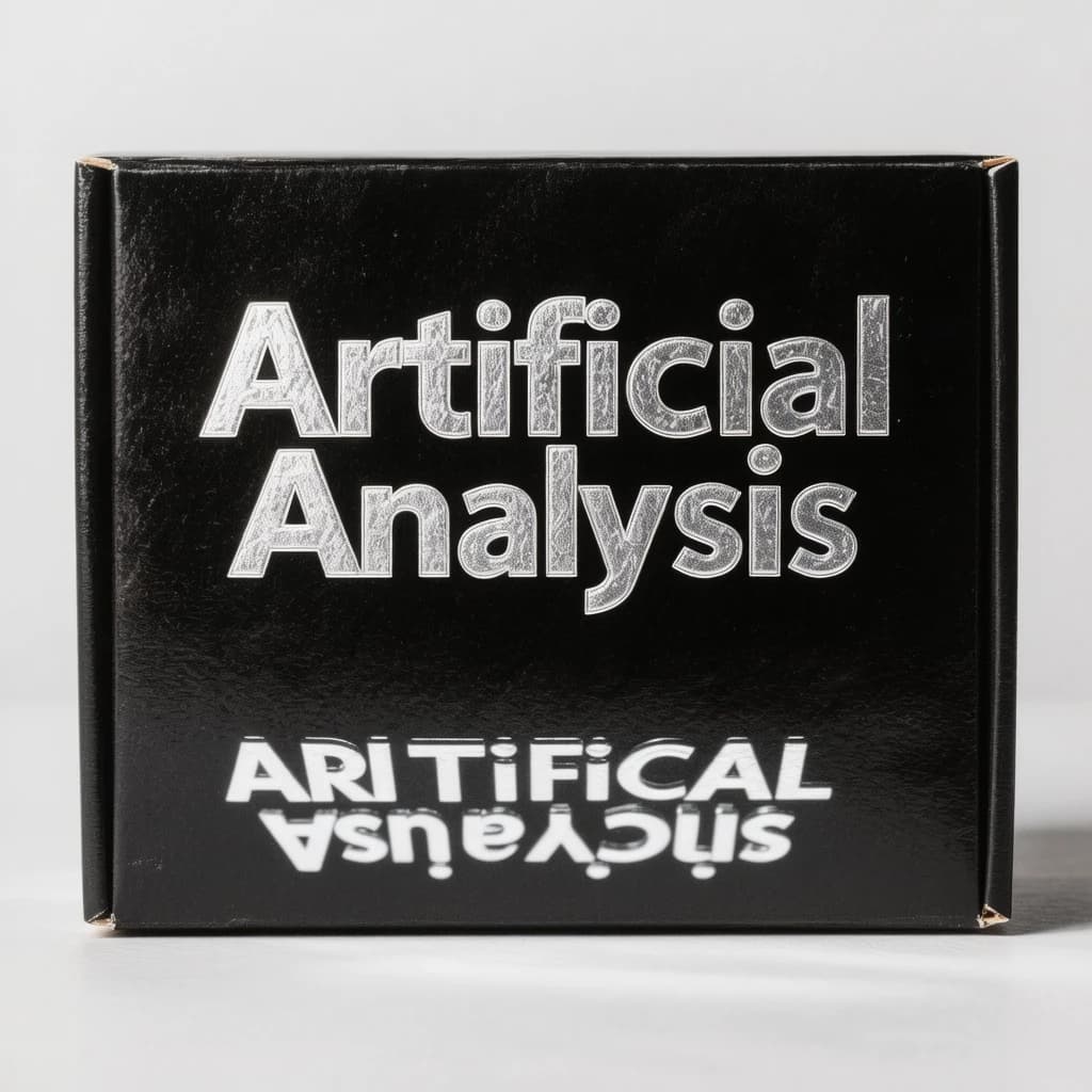 On the black box, silver foil embossing, centered: "Artificial Analysis" in Comic Sans Small Caps, perfectly justified. The letters are crisp, but the “Y” is duplicated faintly, ghosting right. On the box’s reflection, the word order is inverted: ARTIFICIAL ANALYSIS.