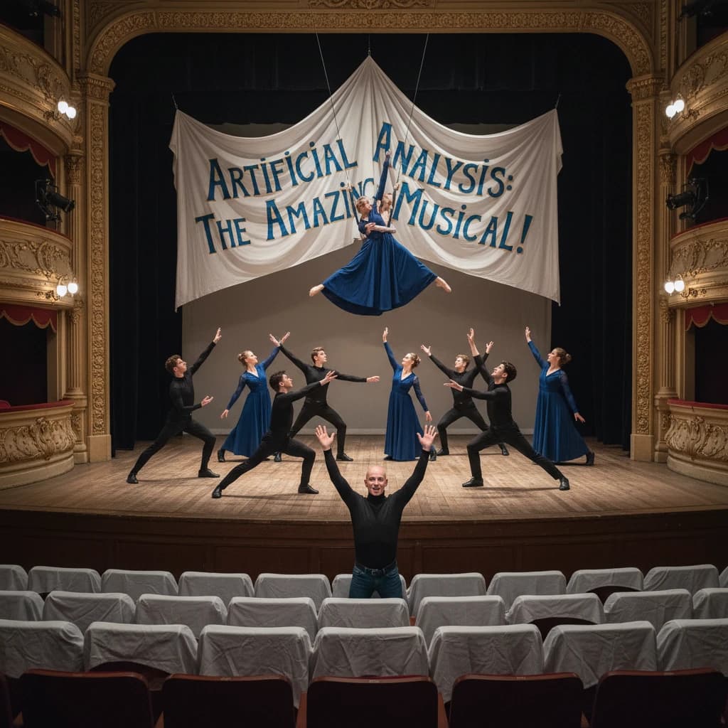 The musical troupe do a rehearsal in a large, empty theatre. 9 people are on the stage, half wear black and the others wear blue. The skinny bald director, seated in the second row, is practically leaping out of their seat with excitement as the leads nail their aerial. A giant banner reading "Artificial Analysis: The Amazing Musical!" is behind the actors.