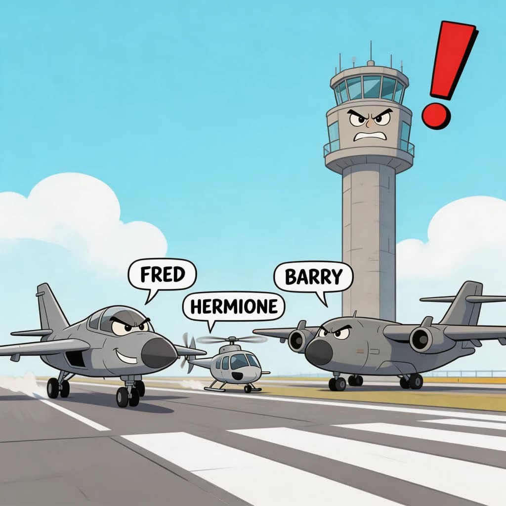 Almost at the runway, Fred the Fighter Jet is racing with Barry the Bomber to see who lands first. Fred has a mischievous trick up his sleeve but Hermione the Helicopter is going to stop him before he gets the chance. The control tower is very angry and has a big exclamation mark. Hand drawn cel look
