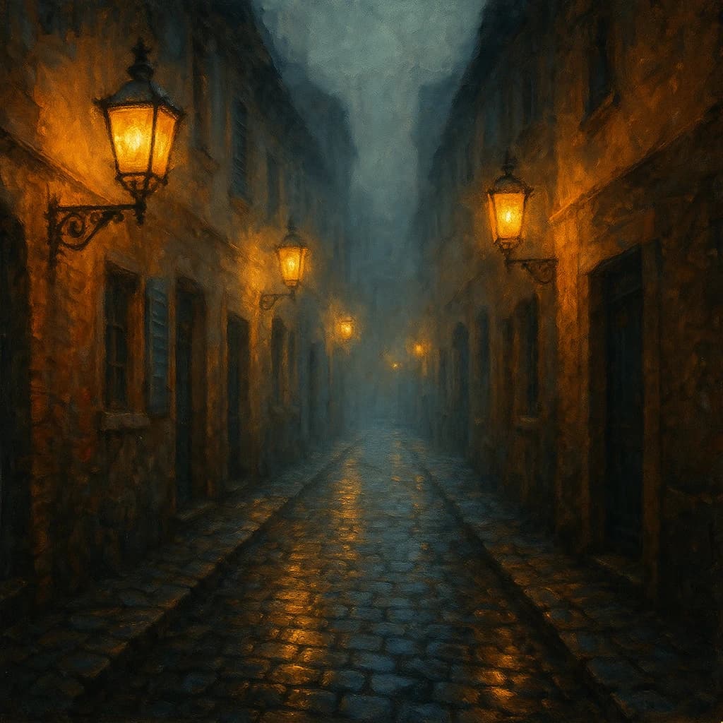 Please create an oil painting of a narrow alley, a bit foggy, glowing lanterns.