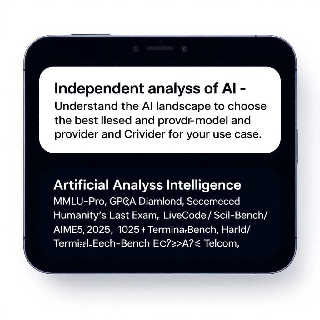 On a black smartphone UI with rounded corners, display a centered text block in white San Francisco font, 16pt: “Independent analysis of AI - Understand the AI landscape to choose the best model and provider for your use case.” Below, in neon cyan, monospace font, smaller size: “Artificial Analysis Intelligence Index v3.0 incorporates 10 evaluations: MMLU-Pro, GPQA Diamond, Humanity's Last Exam, LiveCodeBench, SciCode, AIME 2025, IFBench, AA-LCR, Terminal-Bench Hard, 𝜏²-Bench Telecom.” The second block scrolls horizontally as a ticker. The battery icon in the status bar shows 54%. The Artificial Analysis logo appears faintly, embossed into the bottom navigation bar.