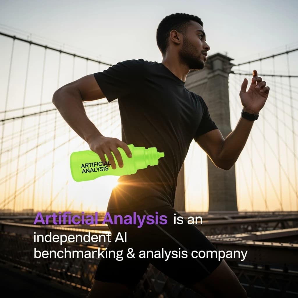 A runner dashes across the Golden Gate Bridge at dawn, sunlight streaming between cables. In their hand, they carry a neon-green sports drink with the brand name Artificial Analysis splashed boldly across the bottle. Motion blur emphasizes speed, while crisp purple sans serif typography overlays the bottom right of the scene with the tagline: Artificial Analysis is an independent AI benchmarking & analysis company