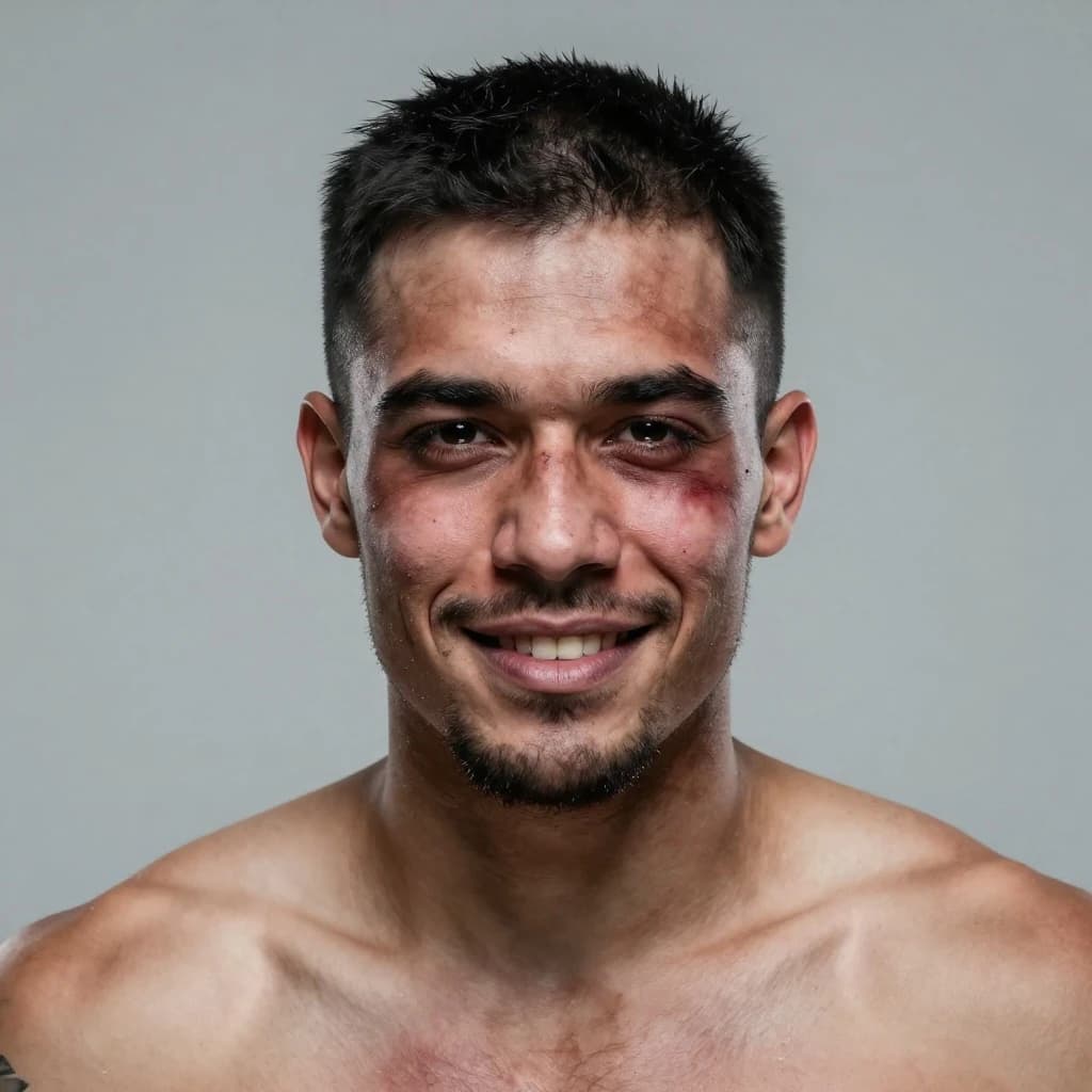 Paint a bruised boxer smiling, serious expression.