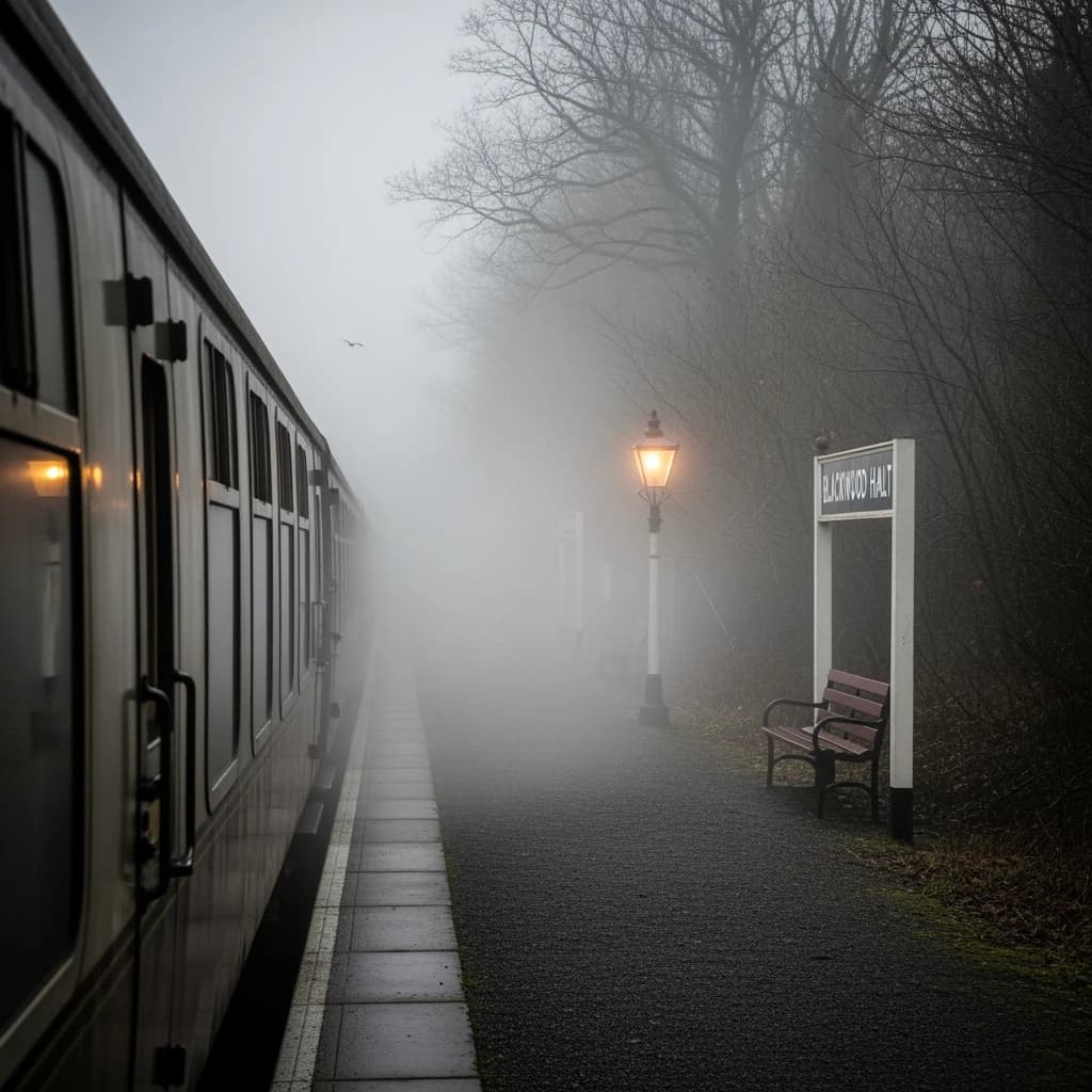 A commuter train enters a foggy little station.