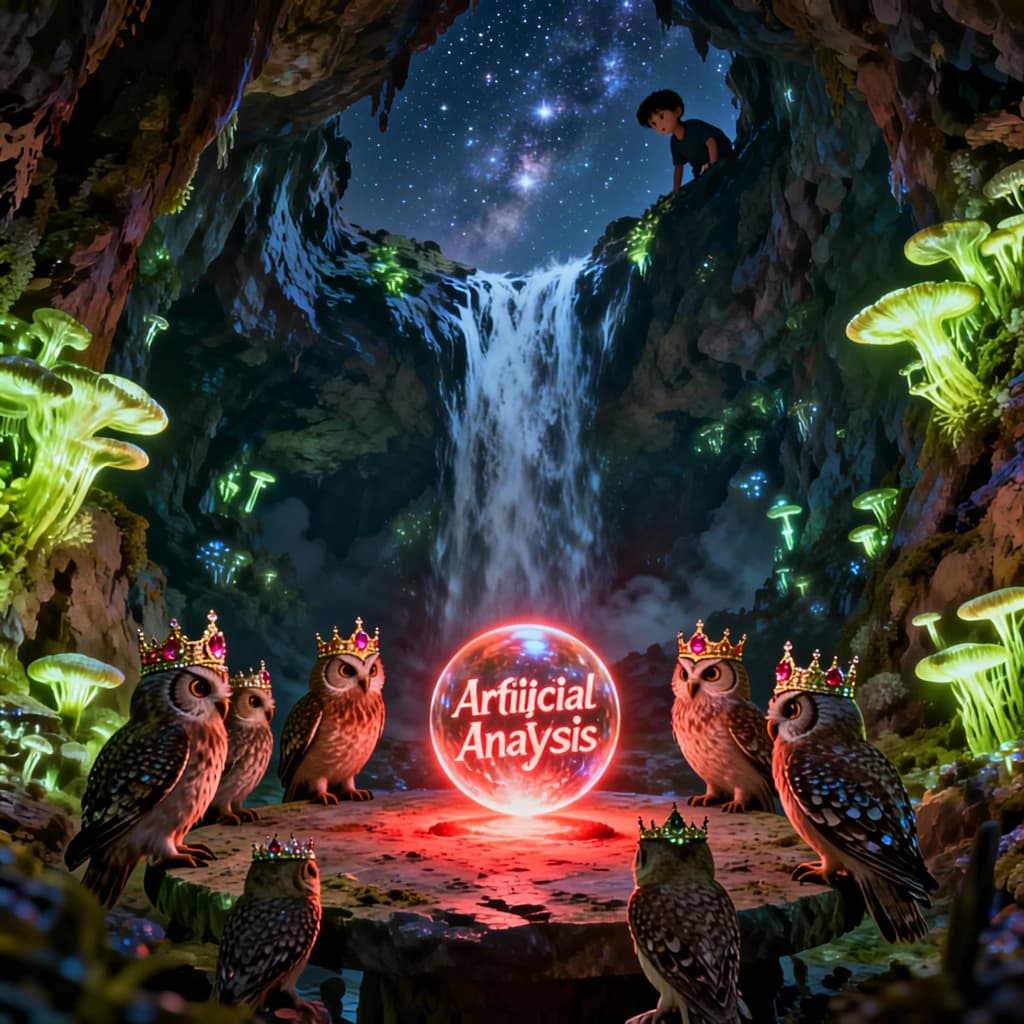 In a cavern lined with bioluminescent fungi glowing lime green, the council of owls wear jeweled crowns that glimmer with rubies, their wings folded behind their backs. Dust coats the stone table, a glowing orb inscribed with “Artificial Analysis” hovers above the table illuminating the owls with its red pulsating light. Behind them, a waterfall falls upward into a ceiling that opens onto stars - a child looks down in wonder from above at what he has stumbled across.