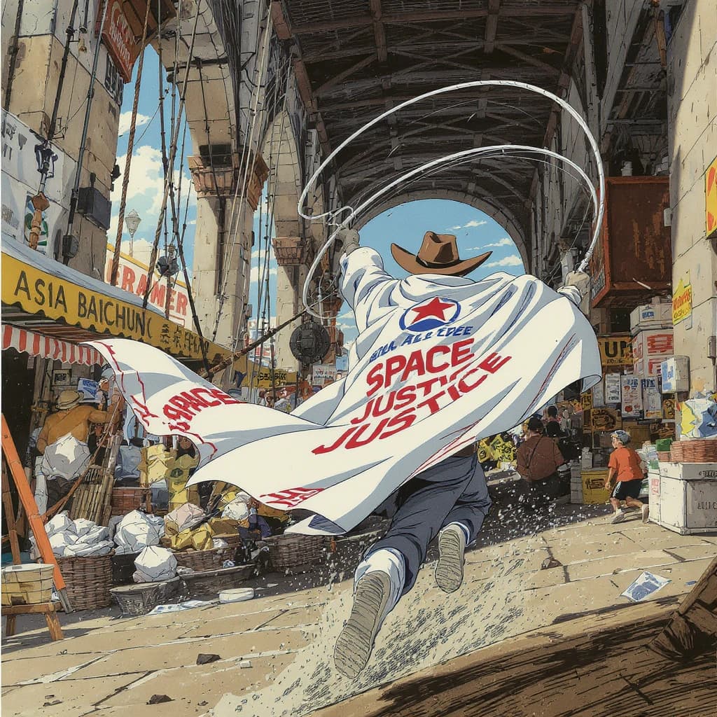 The space cowboy chases the deranged fisherman underneath the causeway, eager to collect on his bounty. Fishing rods and lines hang off the back off the fishermen as he darts between the bustling market crowd. We see the back of the space cowboy in his space poncho emblazoned with the words SPACE JUSTICE, spinning his lasso over his head. A child on the sidelines excitedly cheers the cowboy. 1990s hand drawn anime style with strong fluidity