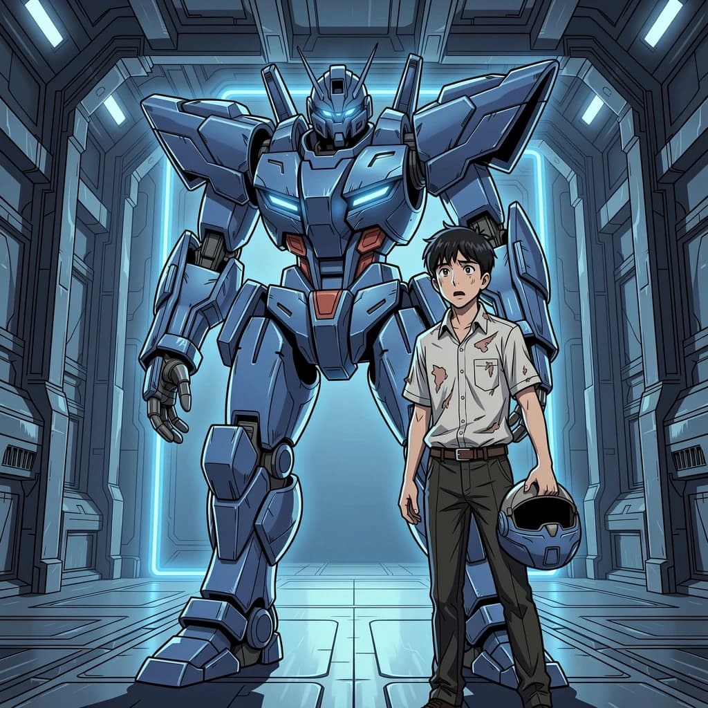 A teenage pilot grips his helmet under one arm, standing at the edge of a glowing hangar bay. Before him looms a sleek, steel-blue mech, its eyes lit with a cold electric glare. His school uniform is rumpled, a sharp contrast to the machine’s flawless plating. The vast scale engulfs him in shadow, emphasizing both awe and dread. Hand-drawn anime style.
