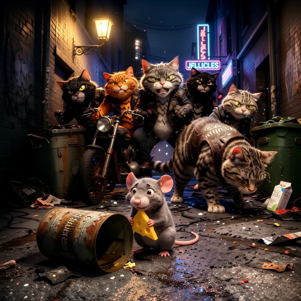 The cartoon rat clenches his thin wedge of cheese and trembles in fear as he hides from the menacing Jellicles, the roaming cat motorcycle gang, all wearing their colors with the name on the back. The cats have all drunk far too much milk and are causing a big ruckus! One cat is close to finding the rat