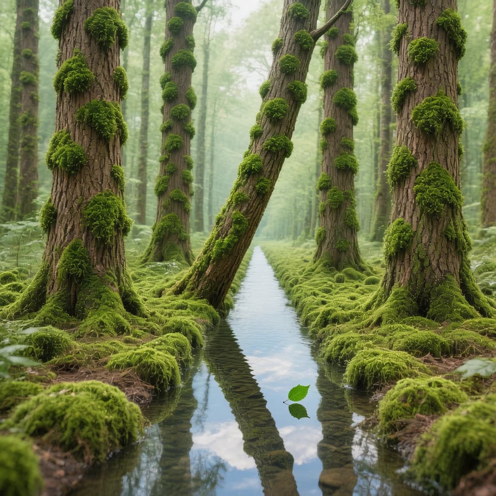 The forest is saturated green, trees identical in height and width, trunks straight, bark texture repeating. One trunk leans diagonally yet the branches remain vertical. The moss is emerald, glistening, though each patch forms identical diamond shapes. A stream runs straight, perfectly linear, water clear, reflecting clouds not visible in the sky. No animals, no insects, but one leaf floats on the water, doubled, showing two overlapping shadows.