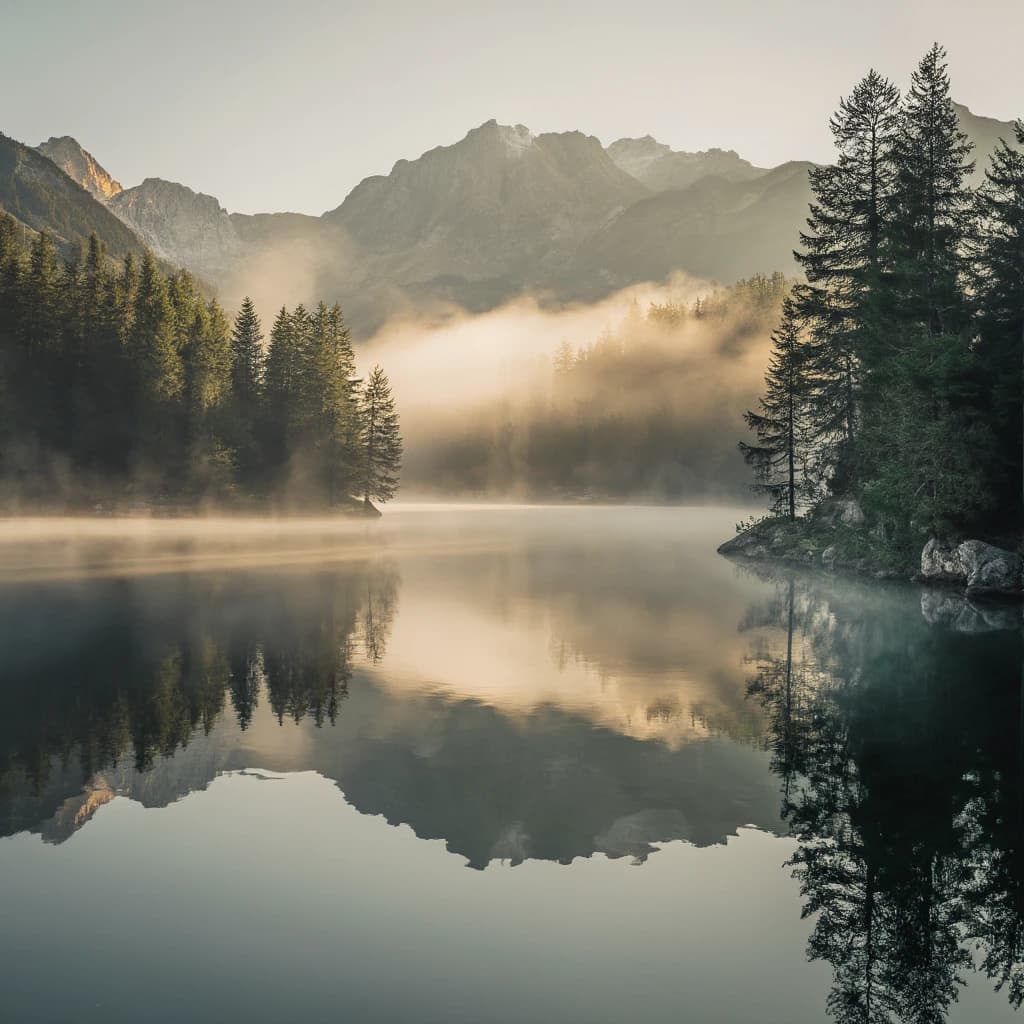 I want a photo of a misty alpine lake at dawn, pines, glassy water, warm light.