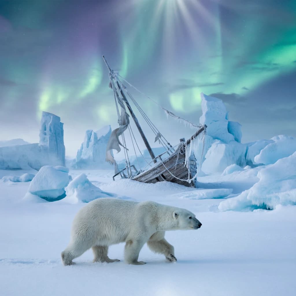 An endless tundra stretches outward, littered with jagged icebergs shaped like cathedral spires. A polar bear trudges across the foreground but leaves no tracks. Auroras ripple overhead. A half-buried shipwreck juts from the snow — sails billowing despite the still air.