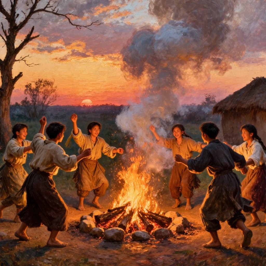 Make an oil painting of villagers dancing by a bonfire at dusk, a bit smoky.