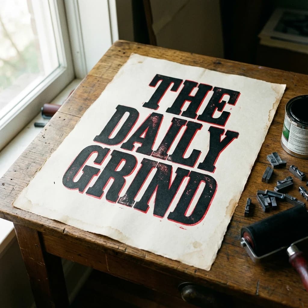 A vintage letterpress poster on a wooden desk: bold slab serif headline, tight kerning, misregistered ink, slightly worn edges, scattered metal type, soft window light.