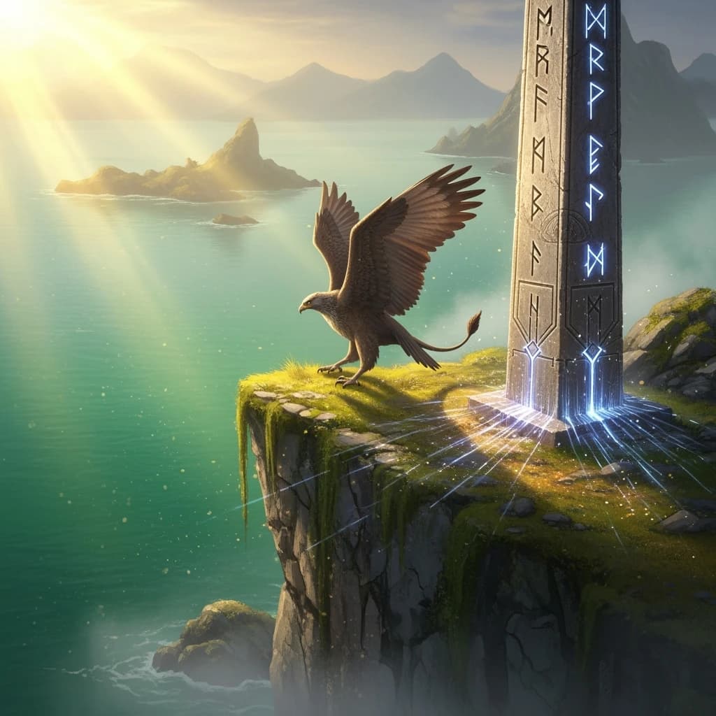 At dawn, a winged griffin lands on a mossy cliff above a jade sea beside a runed obelisk; floating isles drift under golden sunbeams, with a bit of sea spray and glowing runes.