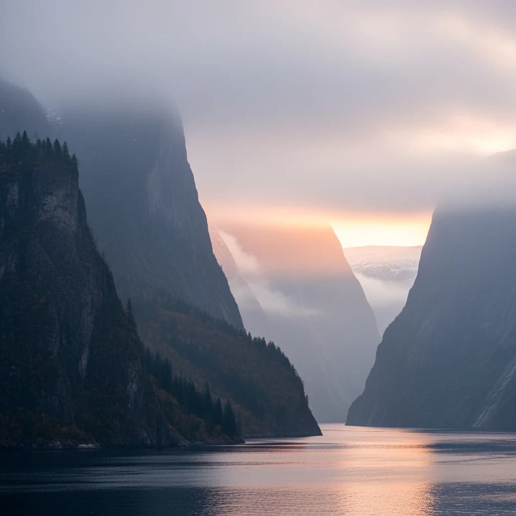 Frame a foggy fjord at sunrise, cliffs looming.