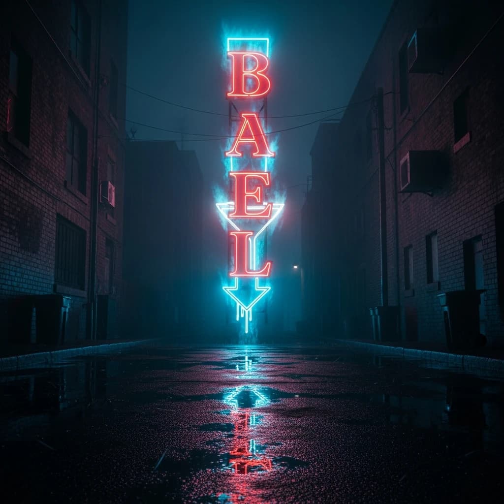 Neon serif letters flicker in a foggy alley, wet asphalt glowing a bit.