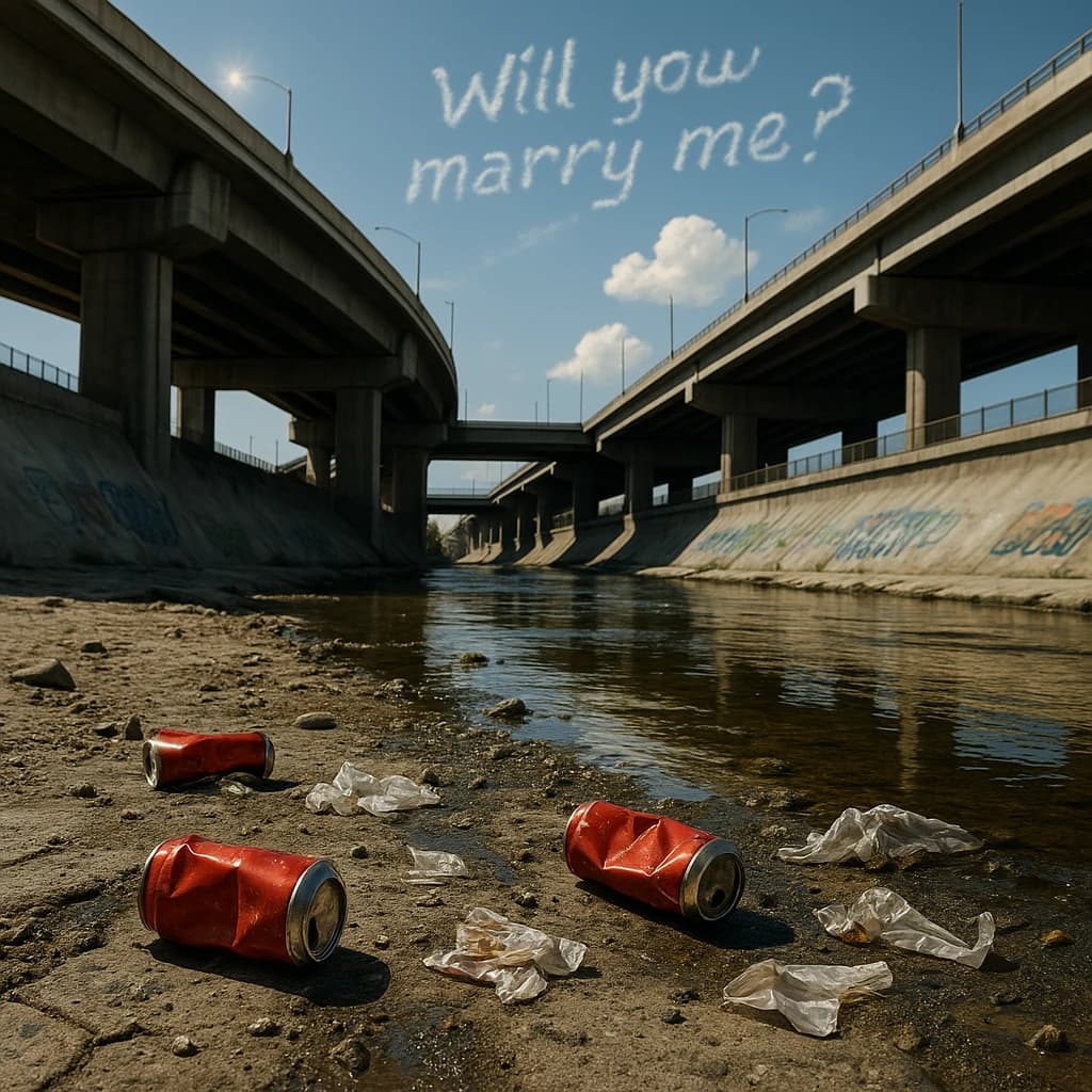 Red soda cans and other garbage sit strewn across the bank of an urban river only a few metres wide. Concrete overpasses criss cross overhead on a bright and sunny day. Fading skywriting proposes marriage