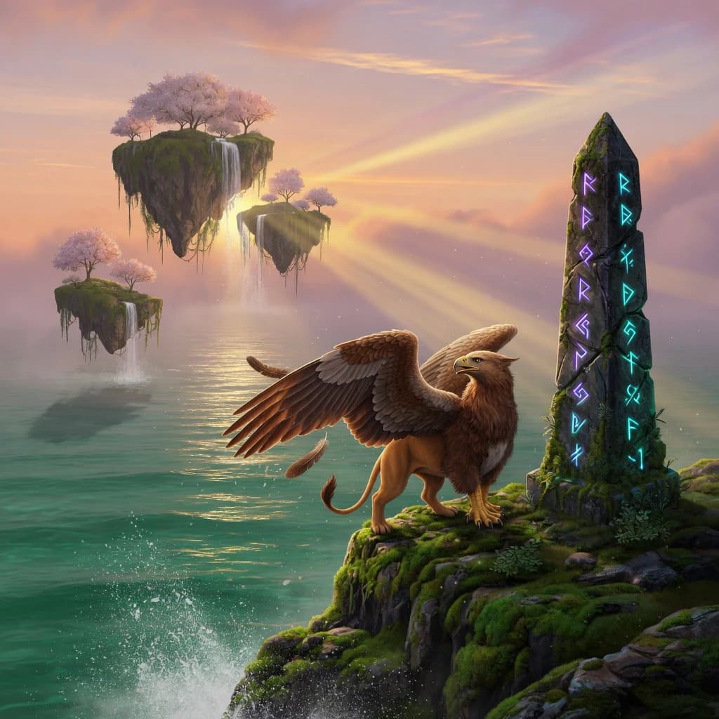 At dawn, a winged griffin lands on a mossy cliff above a jade sea beside a runed obelisk; floating isles drift under golden sunbeams, with a bit of sea spray and glowing runes.