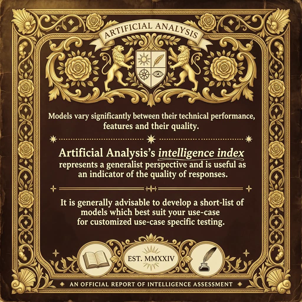 On a flat layout, write in an ornate baroque style "Models vary significantly between their technical performance, features and their quality. Artificial Analysis's intelligence index represents a generalist perspective and is useful as an indicator of the quality of responses. It is generally advisable to develop a short-list of models which best suit your use-case for customized use-case specific testing. "