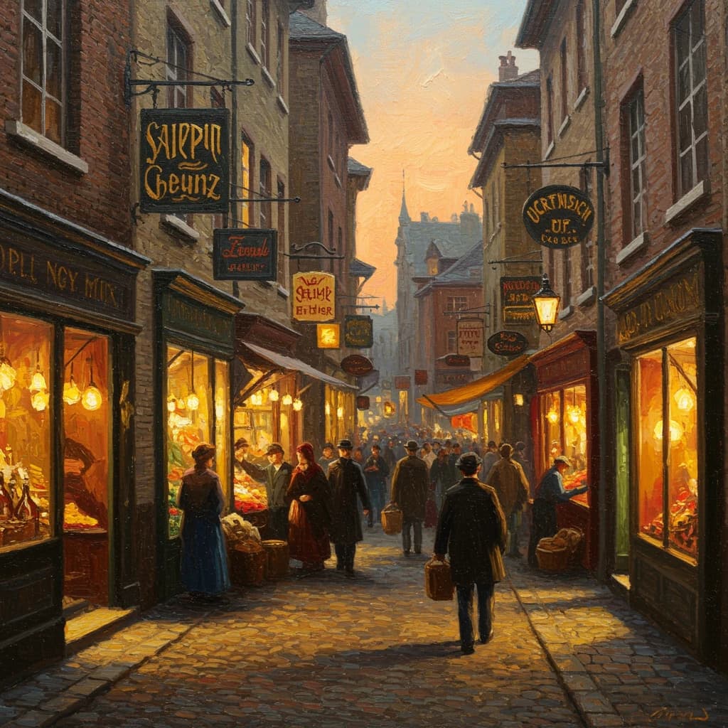 I want an oil painting of a busy market street with gaudy shop signs at dusk.