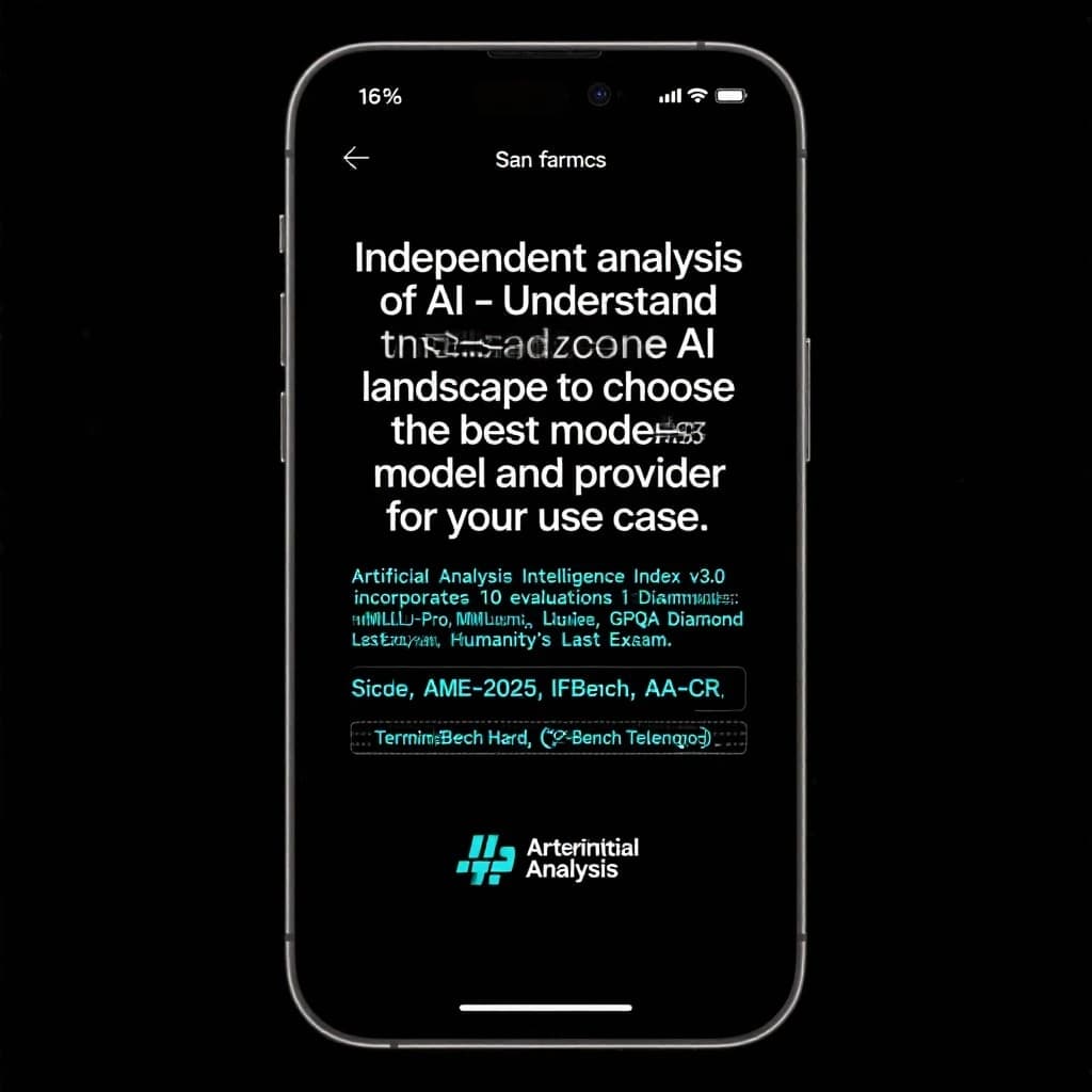 On a black smartphone UI with rounded corners, display a centered text block in white San Francisco font, 16pt: “Independent analysis of AI - Understand the AI landscape to choose the best model and provider for your use case.” Below, in neon cyan, monospace font, smaller size: “Artificial Analysis Intelligence Index v3.0 incorporates 10 evaluations: MMLU-Pro, GPQA Diamond, Humanity's Last Exam, LiveCodeBench, SciCode, AIME 2025, IFBench, AA-LCR, Terminal-Bench Hard, 𝜏²-Bench Telecom.” The second block scrolls horizontally as a ticker. The battery icon in the status bar shows 54%. The Artificial Analysis logo appears faintly, embossed into the bottom navigation bar.