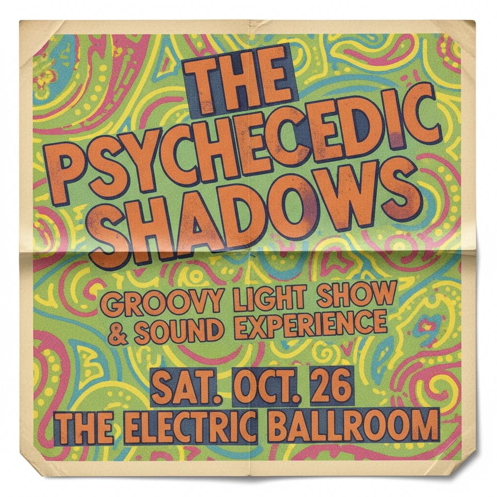 Make a 1960s concert poster featuring bold wood type, misaligned ink, creases.
