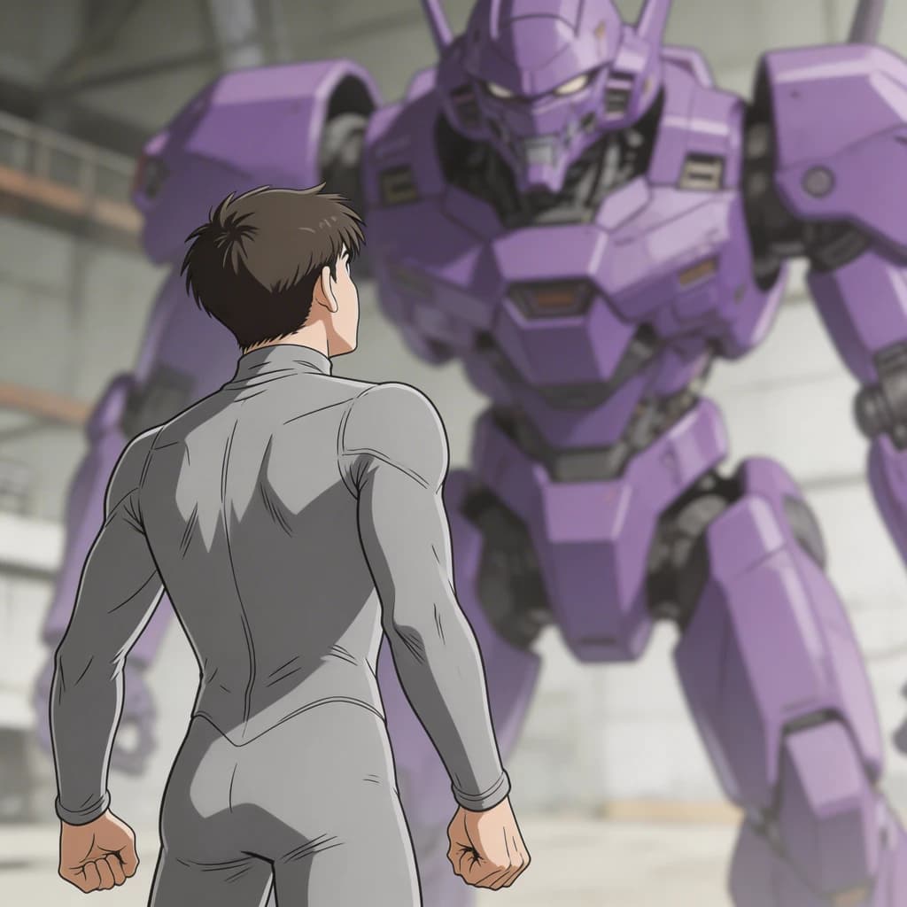 Clad in his body suit up to the neck, young Masa nervously approaches the towering mech with his back facing us. He is nervous for his first time in the field. The mech's bright purple colour scheme contrasts with the grey body suit. The scale of the mech dwarfs Masa. Hand drawn style