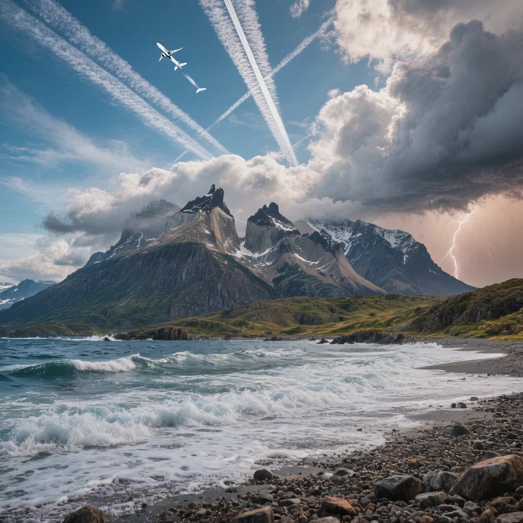 A stunning mountain vista pokes through the cloud top. Contrails from a distant airplane linger in the air. In the foreground there is a stony beach with foamy seas. A thunder storm is visibile in the distant right.