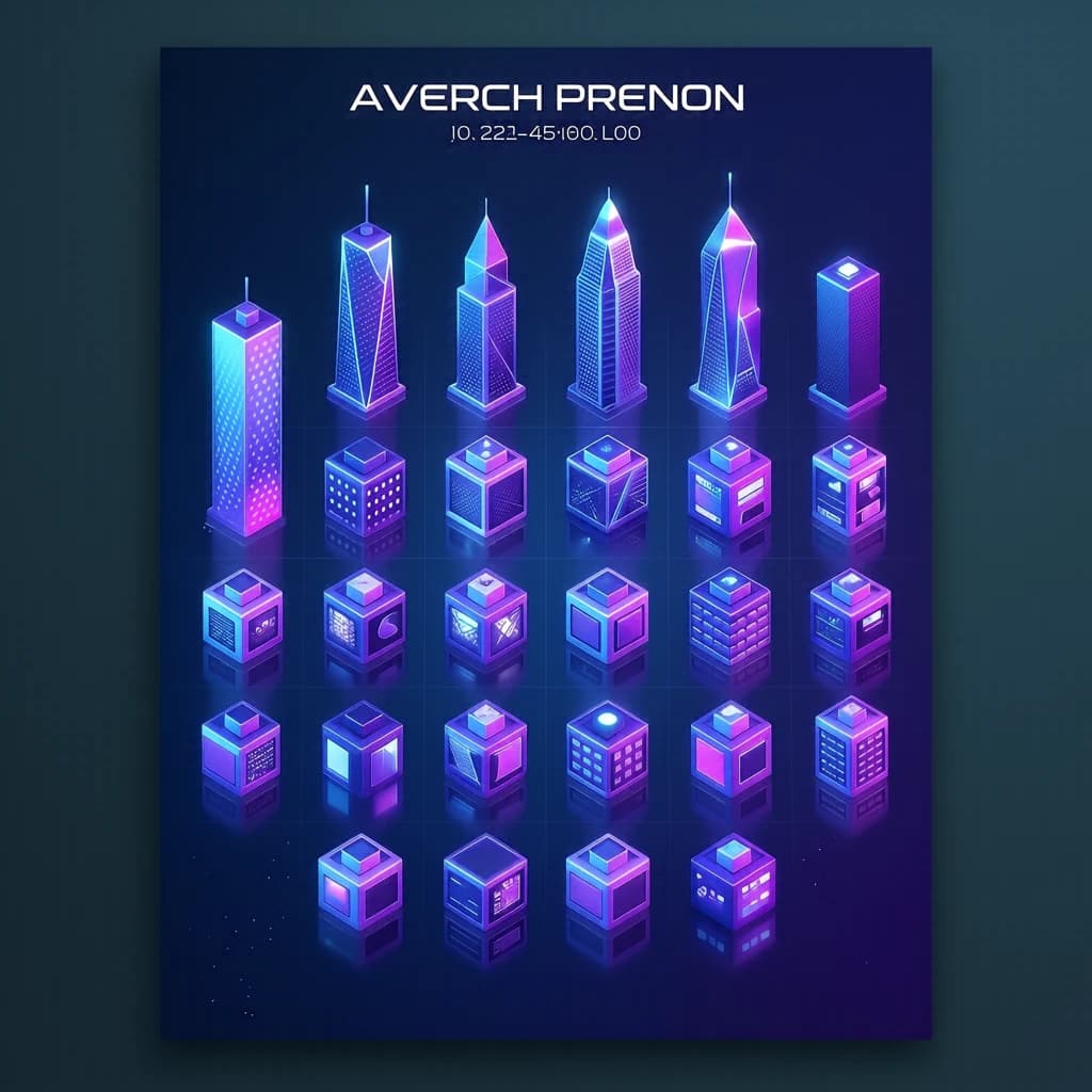 Render an isometric city poster with geometric buildings, neon gradients, gloss highlights, soft AO shadows, clean sans-serif lettering, grid layout, reflections a bit overexposed.