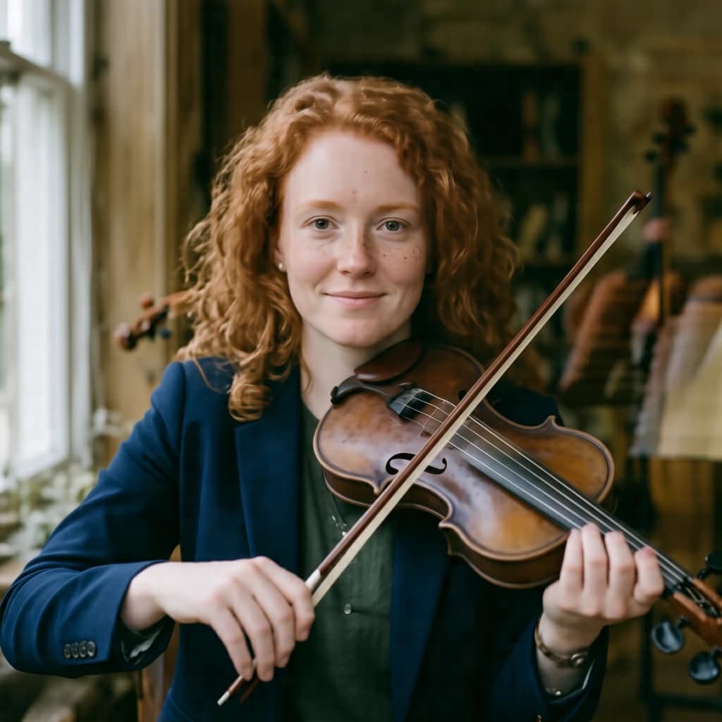 Capture a head-and-shoulders portrait of a freckled red-haired violinist in a navy blazer, soft window light, 85mm at f/1.8, gently smiling yet serious eyes, muted tones.