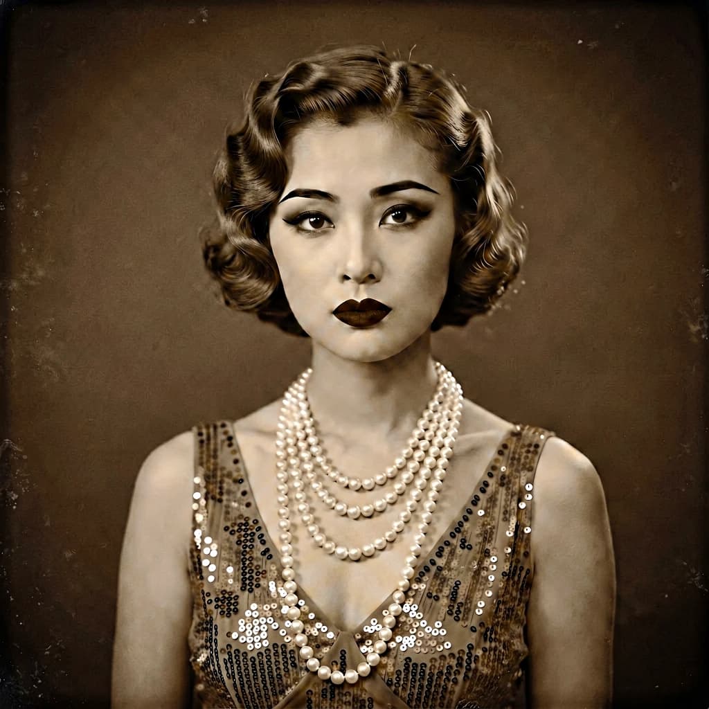Sepia-toned studio portrait of a flapper with pearl necklace, soft grain.