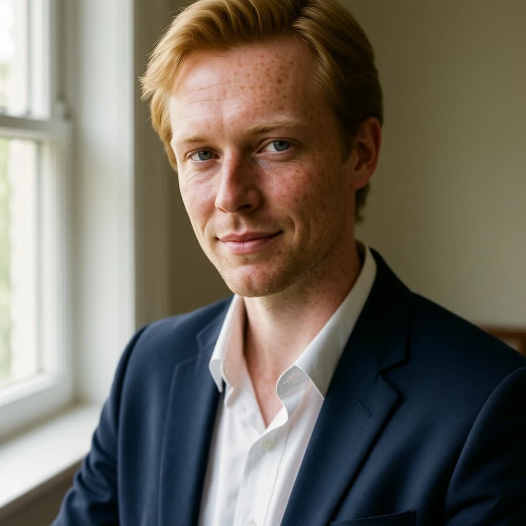 Capture a head-and-shoulders portrait of a freckled red-haired violinist in a navy blazer, soft window light, 85mm at f/1.8, gently smiling yet serious eyes, muted tones.