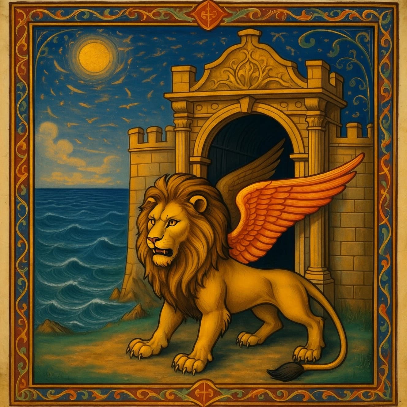 Paint an illuminated manuscript scene of a winged lion guarding a sea gate.