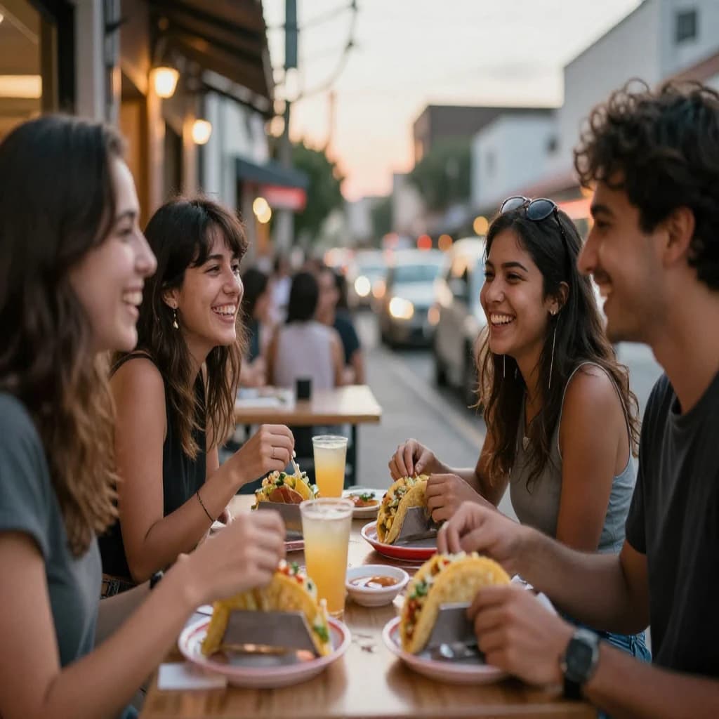 Friends laugh over street tacos at dusk, candid, shallow depth.