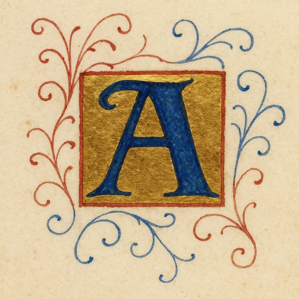 Illuminated letter A on vellum, gold leaf, a bit uneven flourishes.