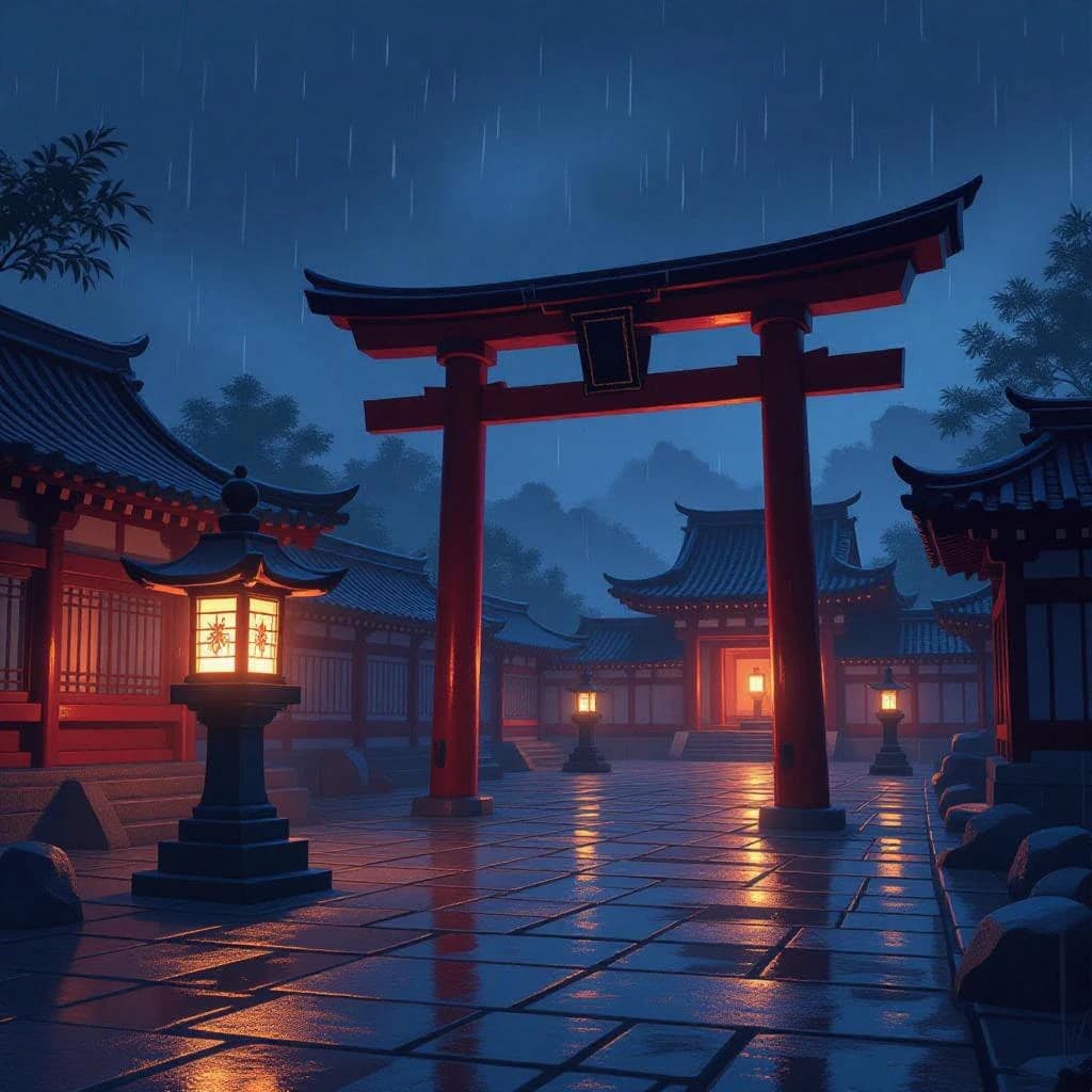 Lantern-lit shrine courtyard at night, cel-shaded, soft glow, drizzle.